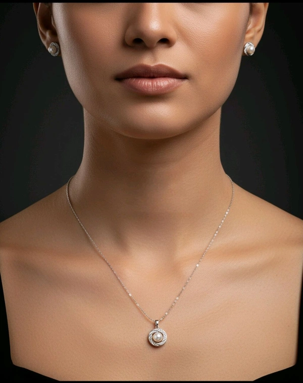 Pearl Pendant Chain & Earrings Set - PC156 - 18 Inches, White, Silver