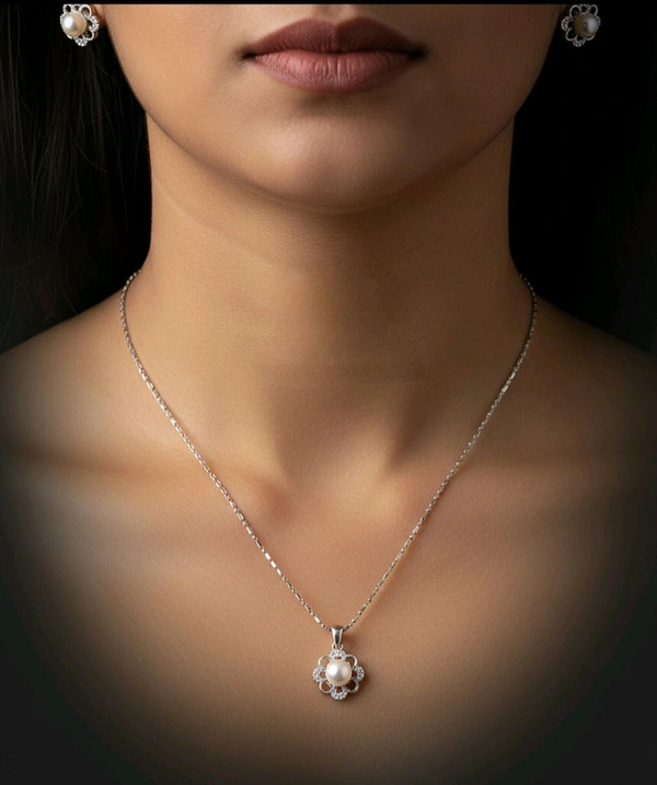 Pearl Pendant Chain & Earrings Set - PC 105 - White, Silver, 18 Inches