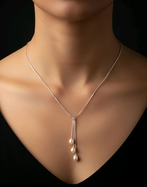 3 Pearl Silver Plated Chain - PCM102 - 18 Inches, Silver, White