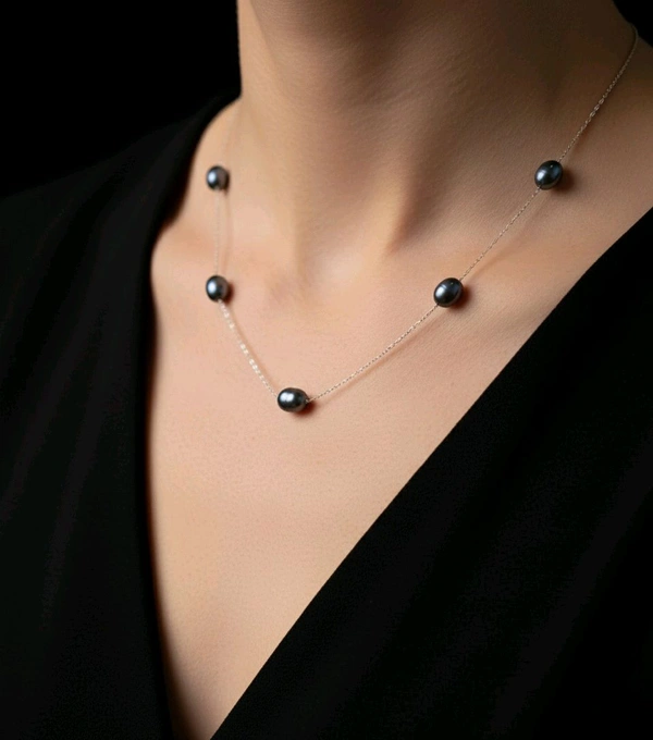 9 Pearl Silver Plated Chain - PC102 - 18 Inches, Black, Silver