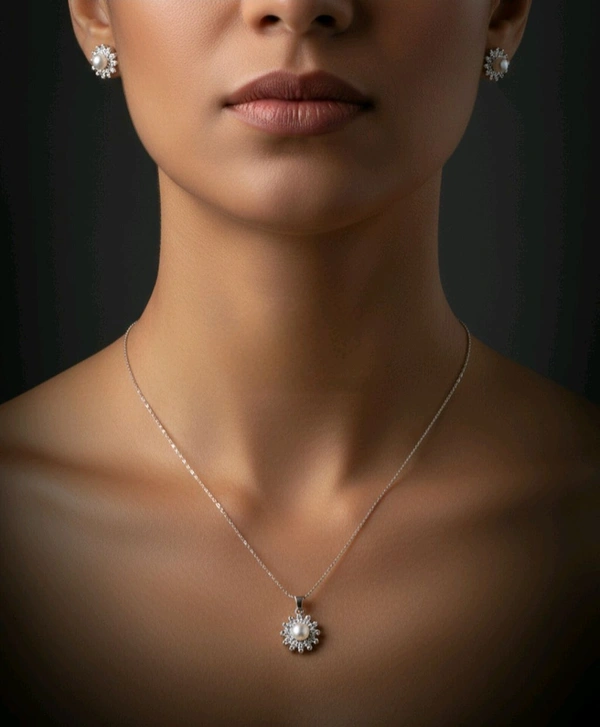 Pearl Pendant Chain & Earrings Set - PC104 - 18 Inches, Silver, White