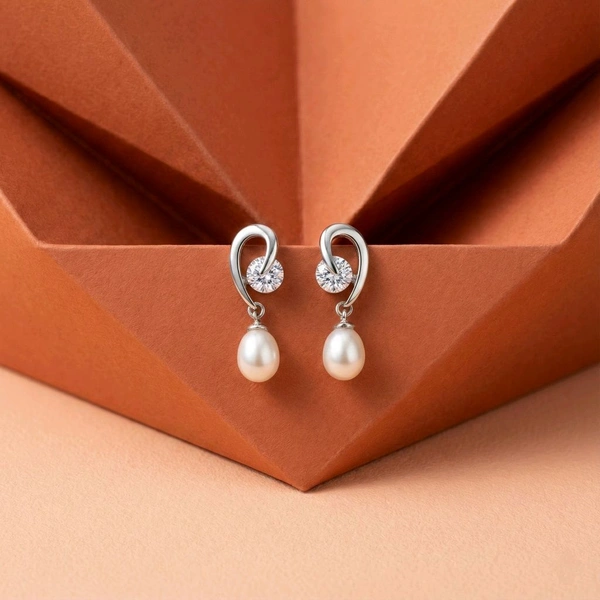 Pearl Earrings - PE126 - White, Silver