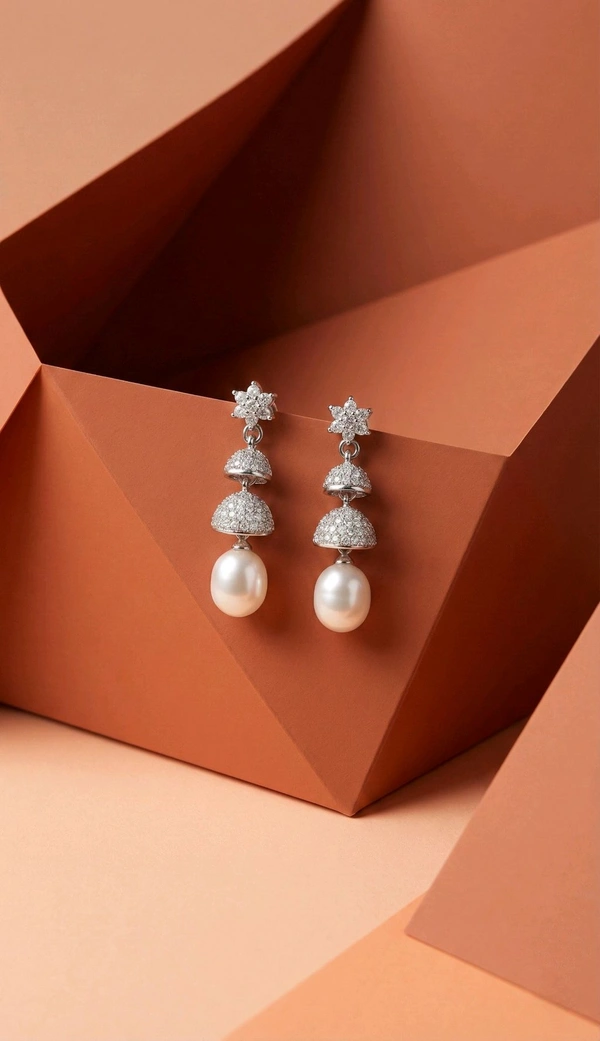 Pearl Earrings - PE128 - White, Silver