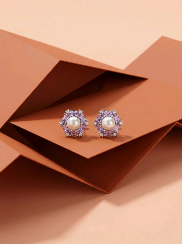 Pearl Earrings - PE129 - Silver, White, 4 MM