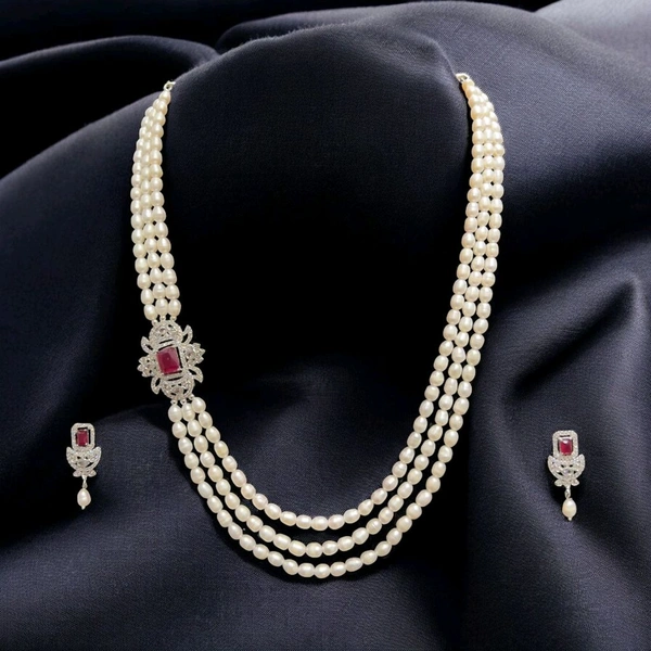 3 Layer Oval Pearl Necklace - PN505 - White, 20 Inches, Red