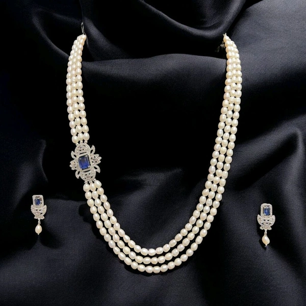 3 Layer Oval Pearl Necklace - PN505 - White, 20 Inches, Blue