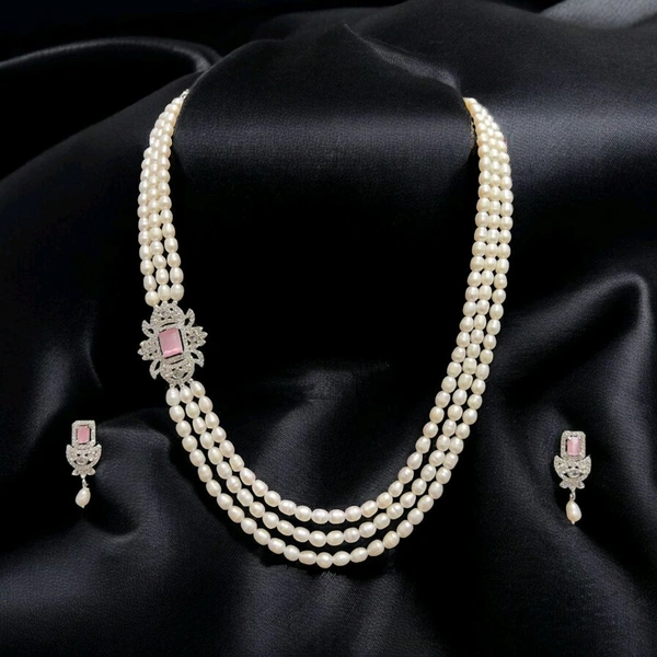 3 Layer Oval Pearl Necklace - PN505 - White, 20 Inches, Blush Pink