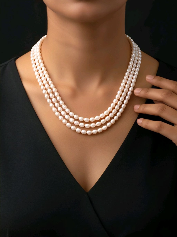 3 Layer Oval Pearl Mala - OPM 314 - White, 5 MM, 20 Inches