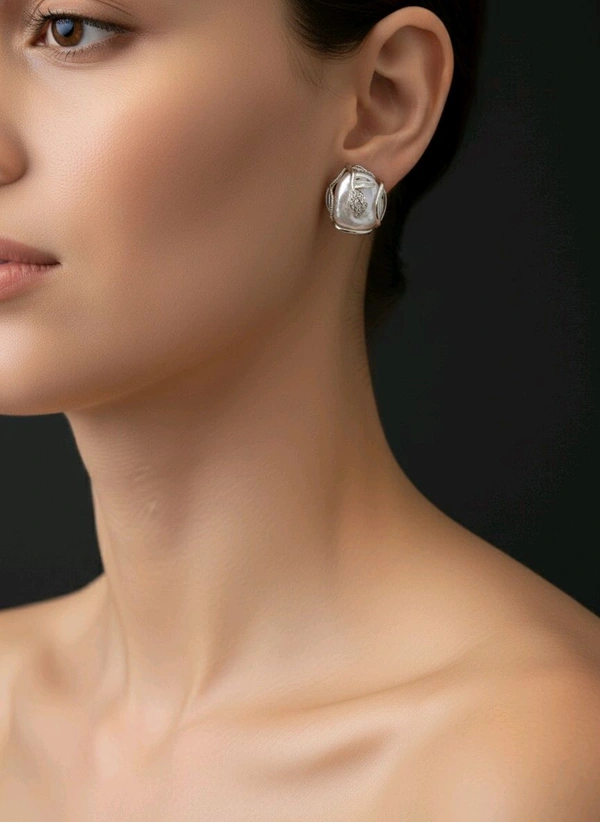 Pearl Earrings - PE302 - White, Silver, 12