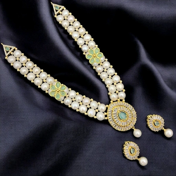 2 Layers Button Pearl Necklaces - PN128 - Mint Green, 18 Inches, 8-9 MM