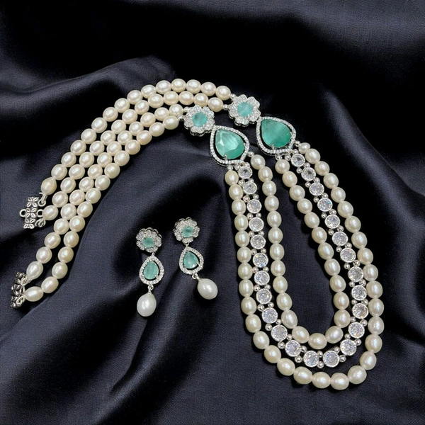 3 Layer Side Broch Pearl Necklace - PN1131 - Mint Green, 20 Inches, White