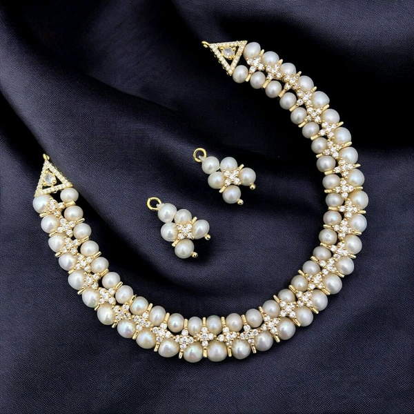 2 Layer Pearl Necklace Set - PN214 - Gold, Adjustable, White