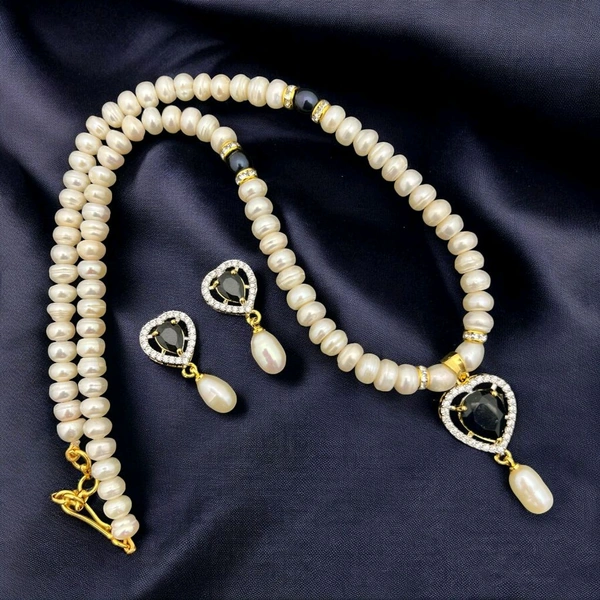 1 Layer Half Round Pearl Necklace Set - PN226 - 18 Inches, White, Black