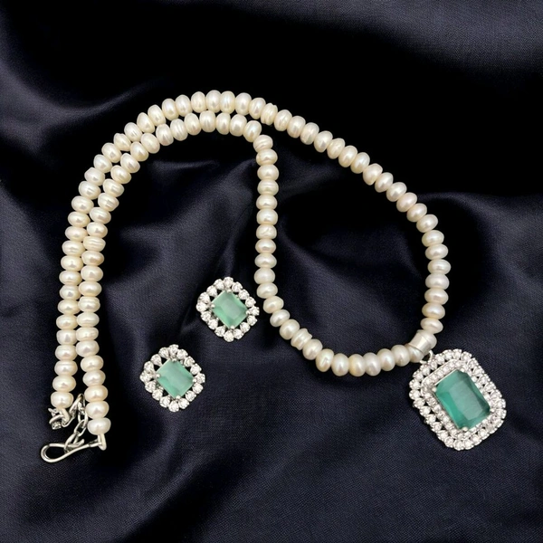 Silver Plated Pearl Necklace Set - PN212 - 18 Inches, White, Mint Green