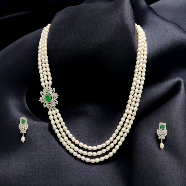 3 Layer Oval Pearl Necklace - PN505 - White, 20 Inches, Green