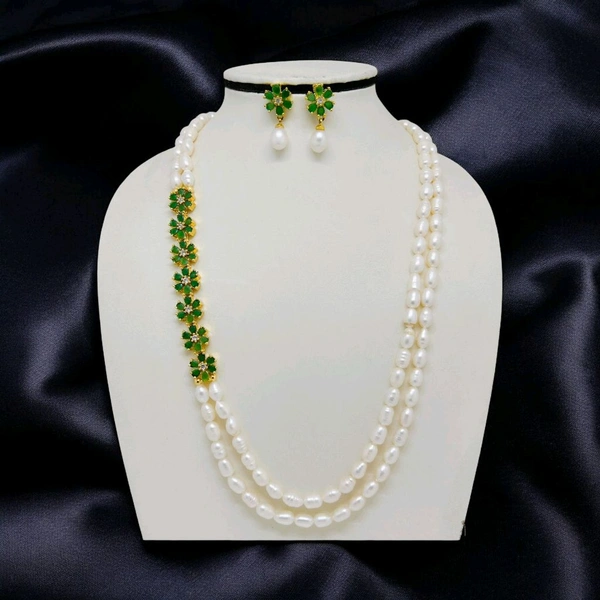 2 Layer Side Flower Pendant Necklace - PN901 - Green, 18 Inches, White