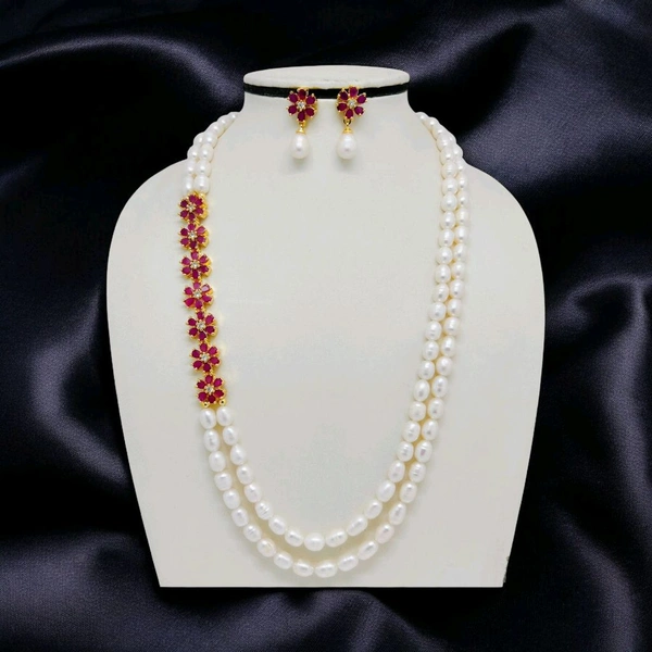 2 Layer Side Flower Pendant Necklace - PN901 - Red, 18 Inches, White
