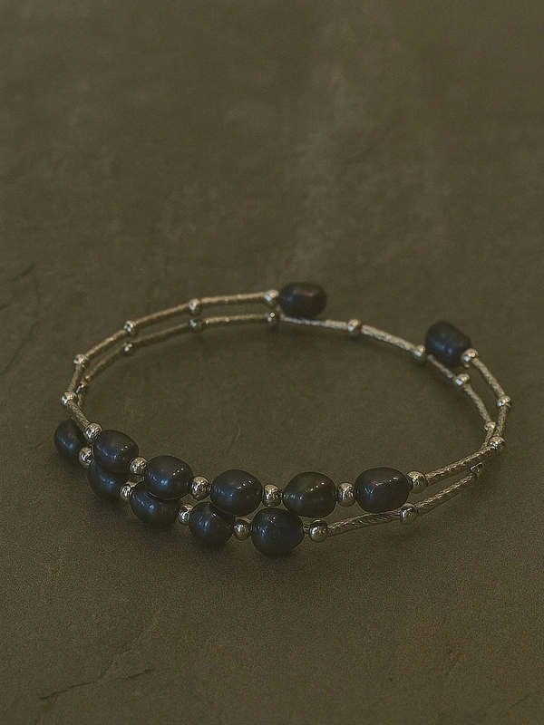 Pearl Bracelet - PB401 - Silver, Black, Adjustable