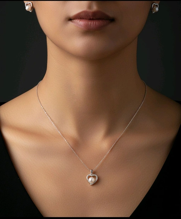 Pearl Pendant Chain & Earrings - PCM110 - Silver, 16 Inches, White