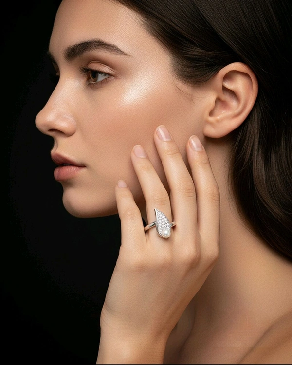 Pearl Ring - PR128 - Silver, Adjustable, White