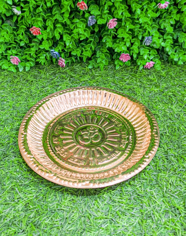 VIKRAM METAL  Copper pooja thali with Om Symbol and Gayatri Mantra Engraved - 9 INCH