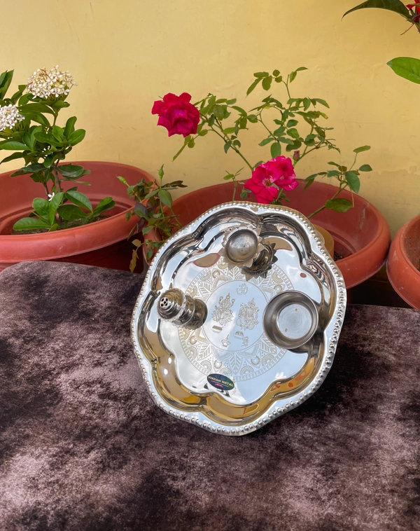 VIKRAM METAL  Steel Flower Design Pooja | Arti Thali - 8.2 INCH, SILVER
