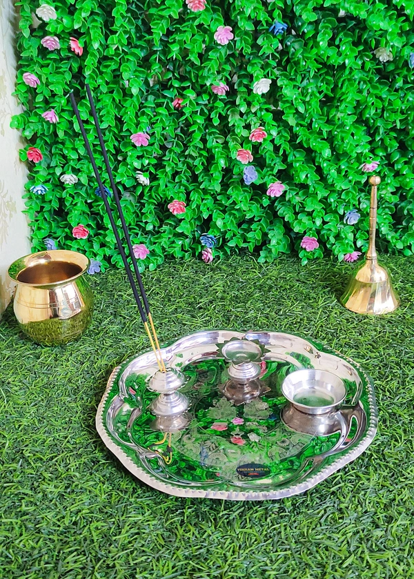 VIKRAM METAL  Steel Flower Design Pooja | Arti Thali - 8.2 INCH, SILVER