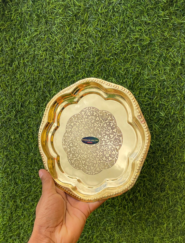 VIKRAM METAL  Brass Puja Plate with Floral Embossed Design - 10 INCH, GOLDEN