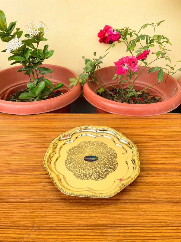 VIKRAM METAL  Brass Puja Plate with Floral Embossed Design - 10 INCH, GOLDEN