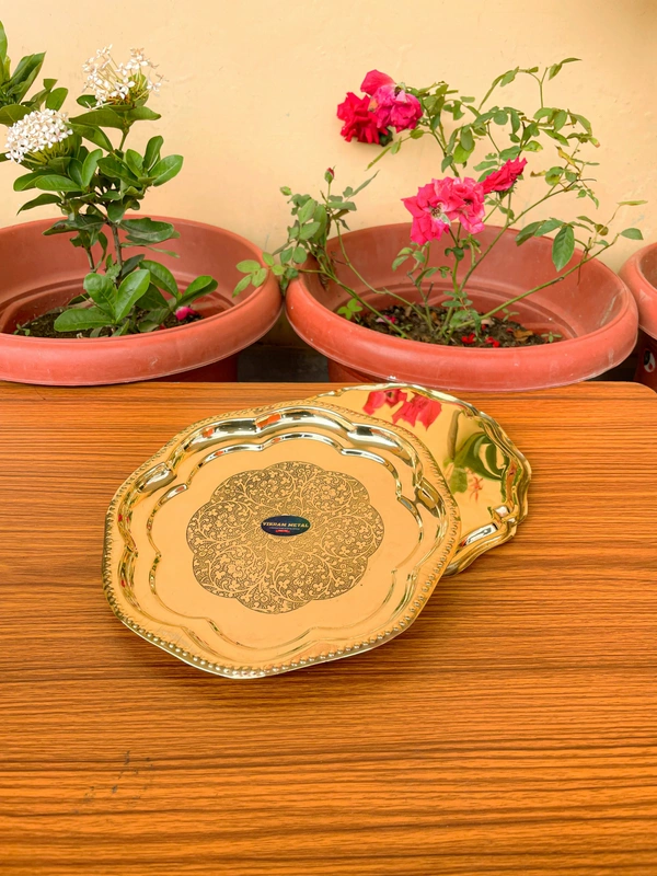 VIKRAM METAL  Brass Puja Plate with Floral Embossed Design - 10 INCH, GOLDEN