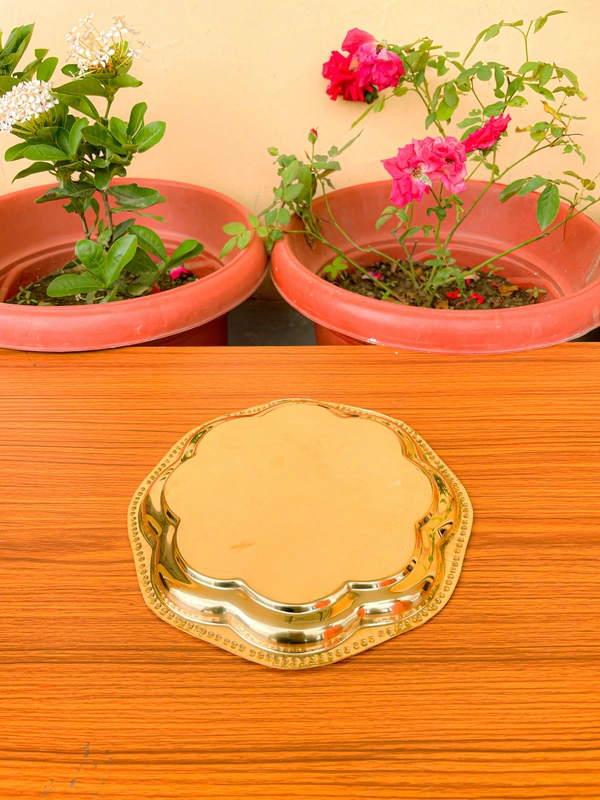 VIKRAM METAL  Brass Puja Plate with Floral Embossed Design - 10 INCH, GOLDEN