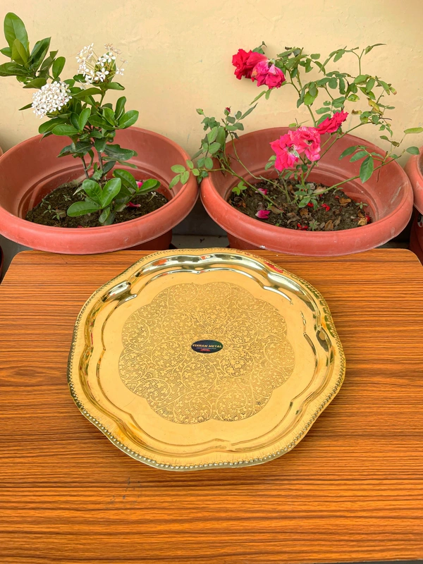 VIKRAM METAL  Brass Puja Plate with Floral Embossed Design - 12.2 INCH, GOLDEN
