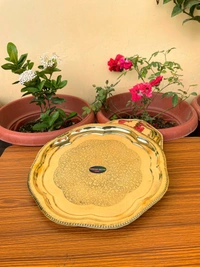 VIKRAM METAL  Brass Puja Plate with Floral Embossed Design - 12.2 INCH, GOLDEN