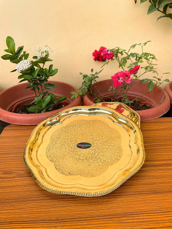 VIKRAM METAL  Brass Puja Plate with Floral Embossed Design - 12.2 INCH, GOLDEN