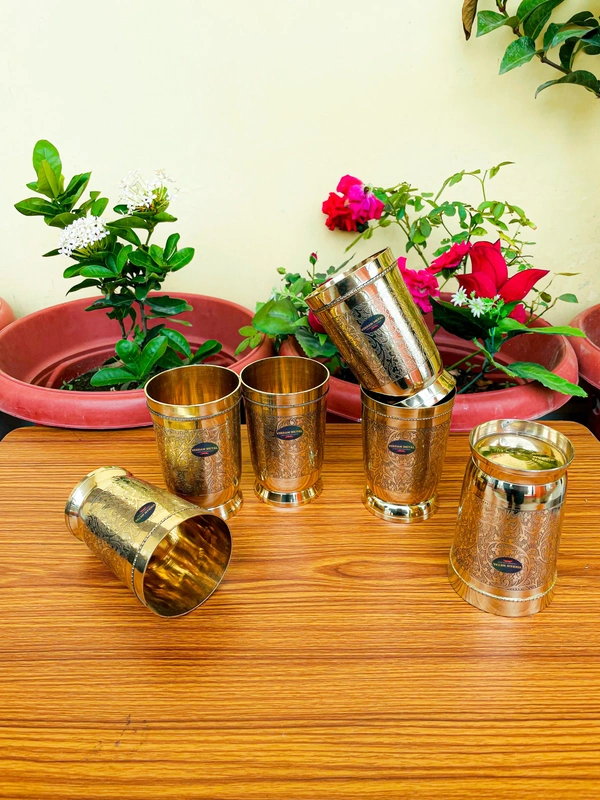 VIKRAM METAL  Brass Glass Tumbler with Embossed Design SET OF 6 - 4.2 INCH, GOLDEN, 400 ML