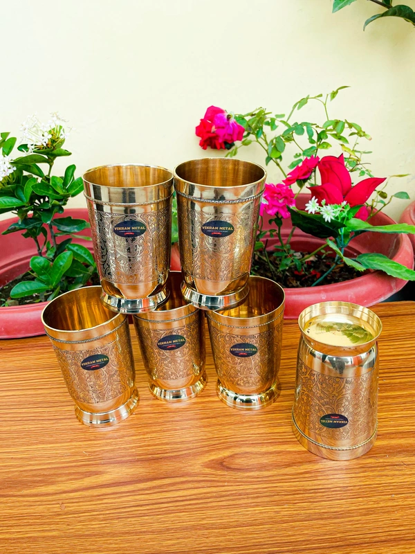 VIKRAM METAL  Brass Glass Tumbler with Embossed Design SET OF 6 - 4.2 INCH, GOLDEN, 400 ML