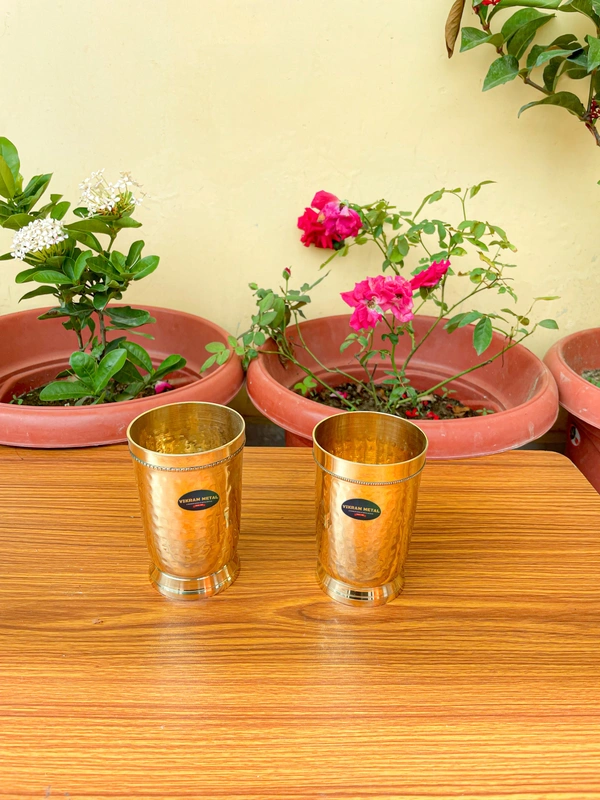 VIKRAM METAL   Brass Glass Tumbler with Hammered Beeded Design set of 2  - 4.2 ML, GOLDEN, 400 ML