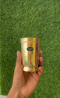 VIKRAM METAL   Brass Glass Tumbler with Hammered Beeded Design set of 2  - 4.2 ML, GOLDEN, 400 ML