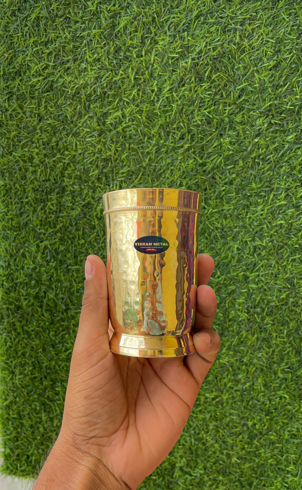 VIKRAM METAL   Brass Glass Tumbler with Hammered Beeded Design set of 2  - 4.2 ML, GOLDEN, 400 ML
