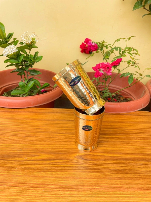 VIKRAM METAL   Brass Glass Tumbler with Hammered Beeded Design set of 2  - 4.2 ML, GOLDEN, 400 ML