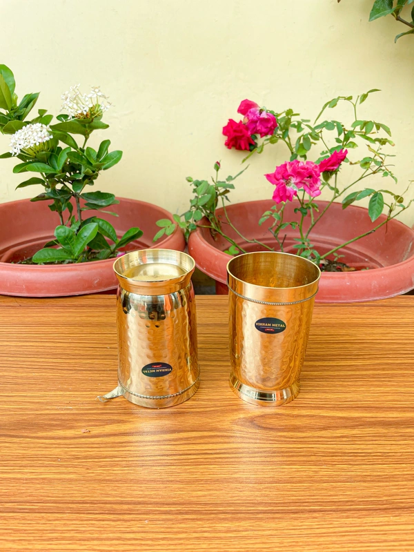 VIKRAM METAL   Brass Glass Tumbler with Hammered Beeded Design set of 2  - 4.2 ML, GOLDEN, 400 ML