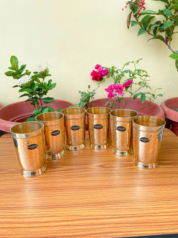 VIKRAM METAL  Brass Glass Tumbler with Hammered Beeded Design SET OF 6 - 4.2 INCH, GOLDEN, 400 ml