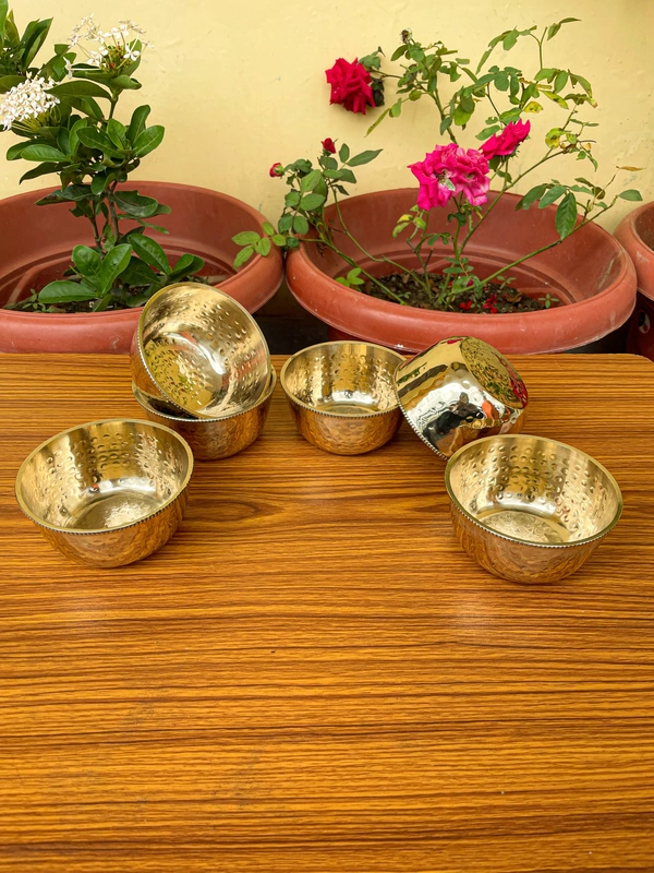 VIKRAM METAL   Brass Hammered Beaded Design Flat Bottom Bowl set of 6 - 2 INCH, GOLDEN, 200ML