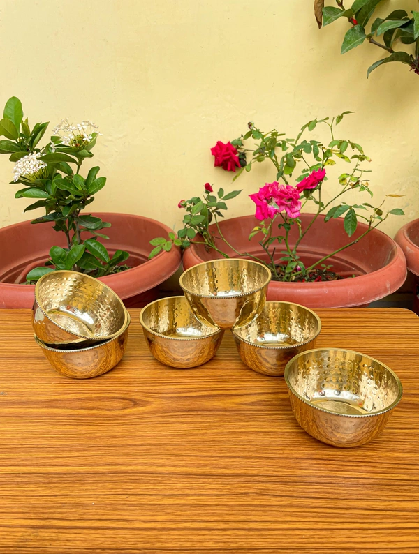 VIKRAM METAL   Brass Hammered Beaded Design Flat Bottom Bowl set of 6 - 2 INCH, GOLDEN, 200ML