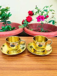 VIKRAM METAL  Brass Hammered Design Cup lid set  - 2.3" Inch, GOLDEN, 150 ML