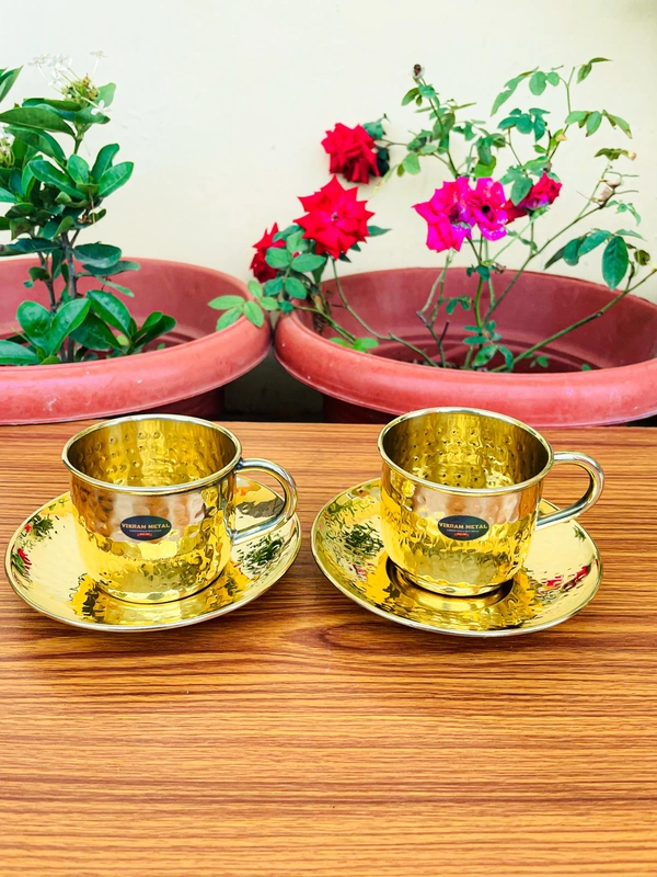 VIKRAM METAL  Brass Hammered Design Cup lid set  - 2.3" Inch, GOLDEN, 150 ML