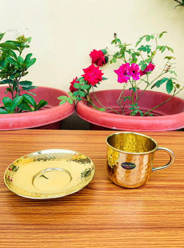 VIKRAM METAL  Brass Hammered Design Cup lid set  - 2.3" Inch, GOLDEN, 150 ML
