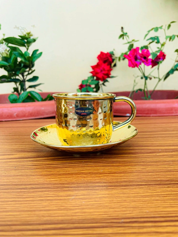 VIKRAM METAL  Brass Hammered Design Cup lid set  - 2.3" Inch, GOLDEN, 150 ML