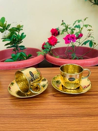 VIKRAM METAL  Brass Hammered Design Cup plate  set of  - 2.3 INCH, GOLDEN, 150 ML