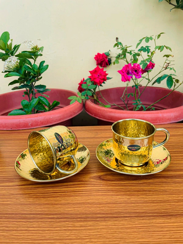 VIKRAM METAL  Brass Hammered Design Cup plate  set of  - 2.3 INCH, GOLDEN, 150 ML